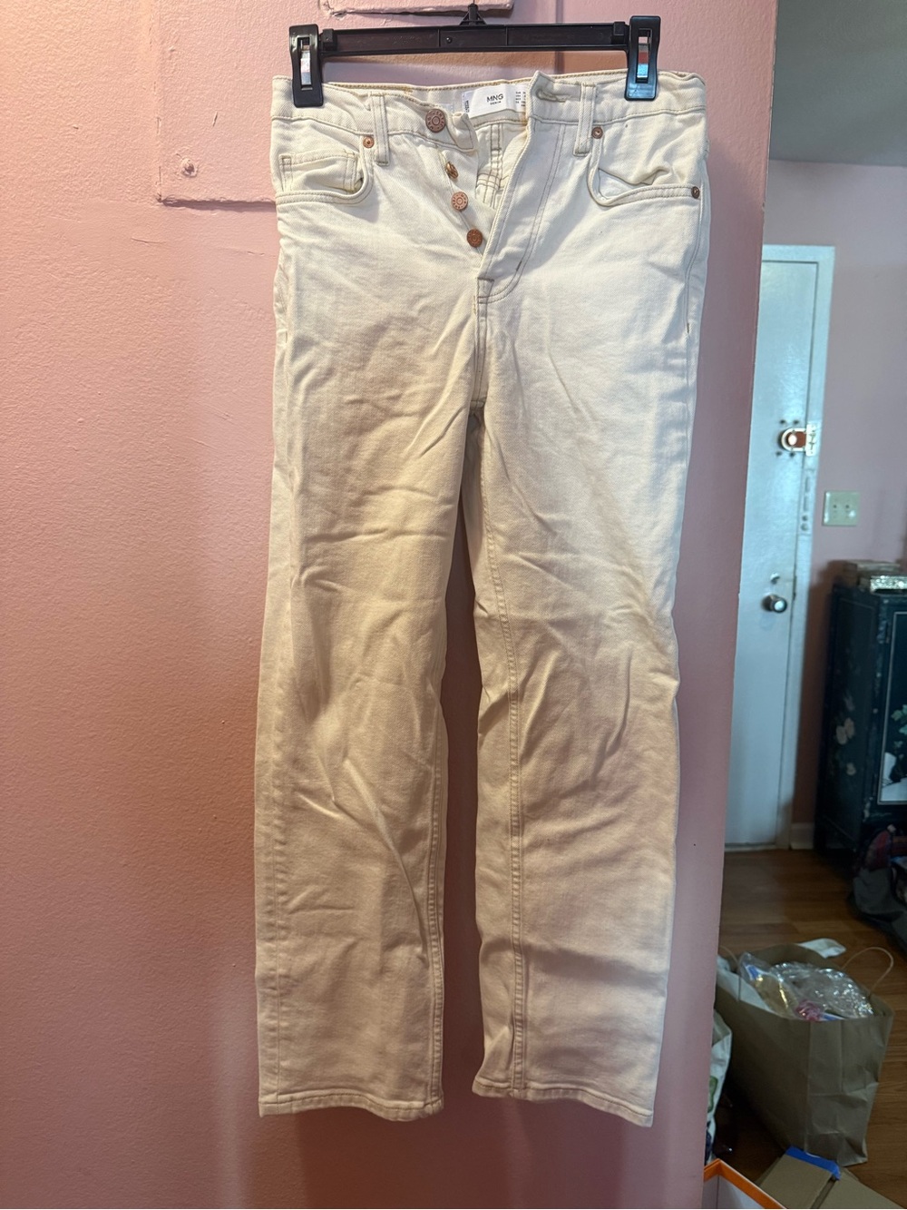 MANGO High-Rise Button-Fly Cream Jeans